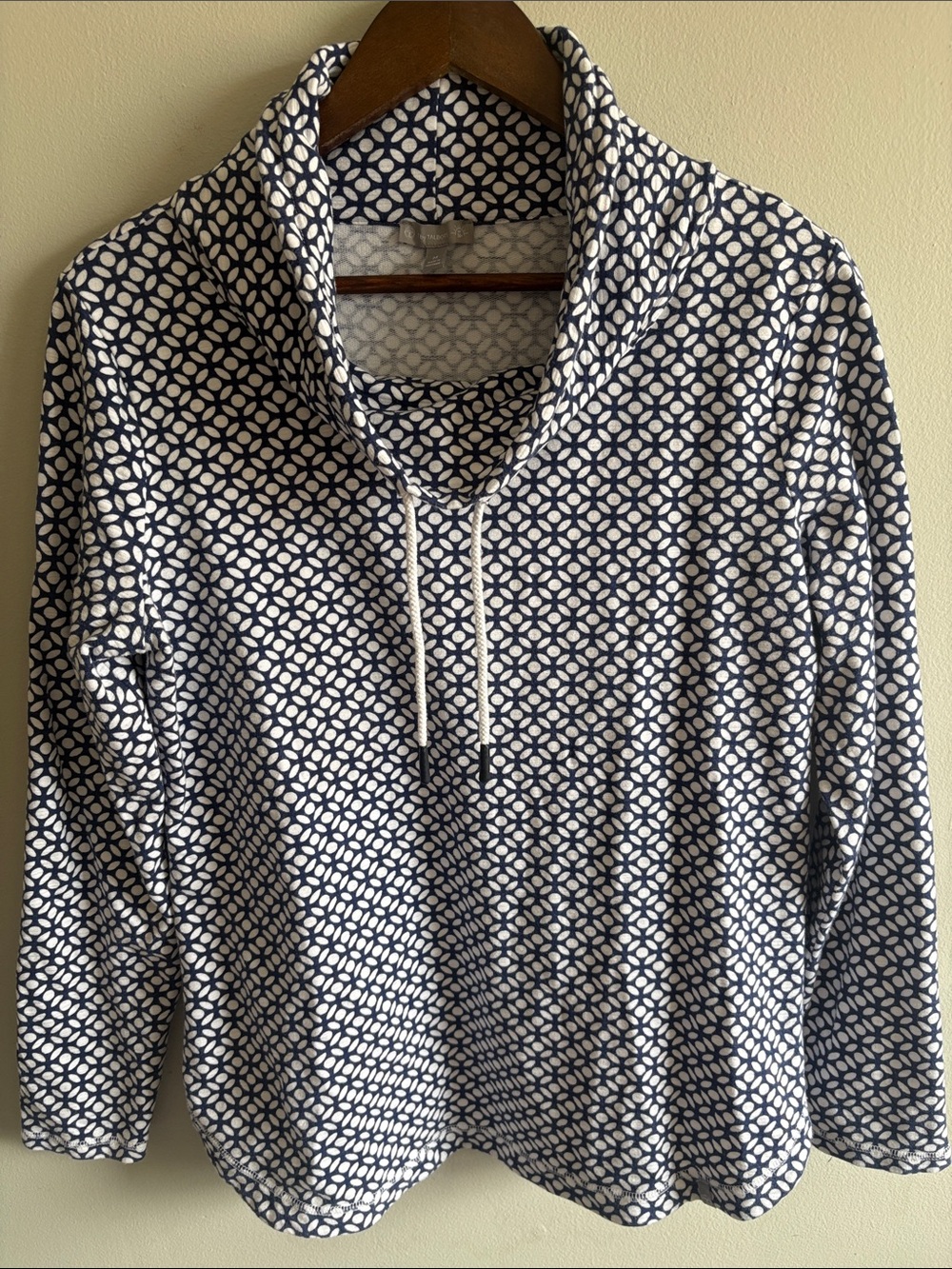 Talbots Navy White Geometric Print Cowl Neck Pullover Top Medium